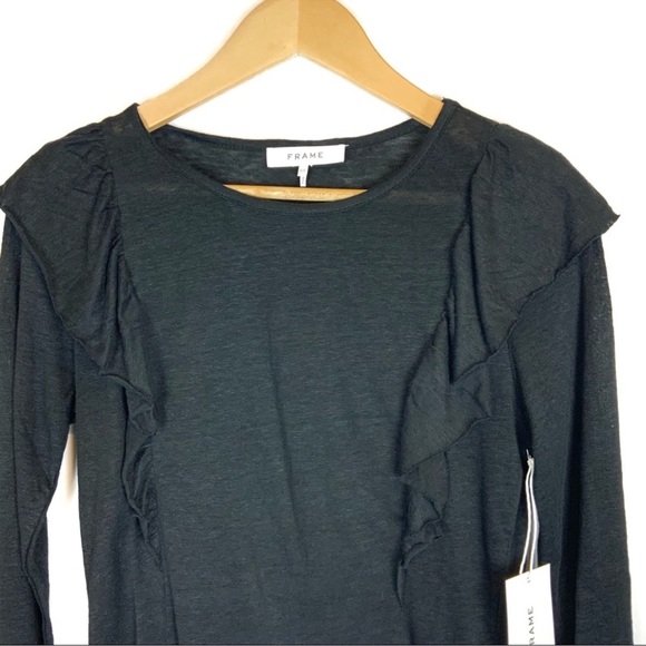 NWT FRAME Ruffled Linen Tee Noir - Picture 8 of 11